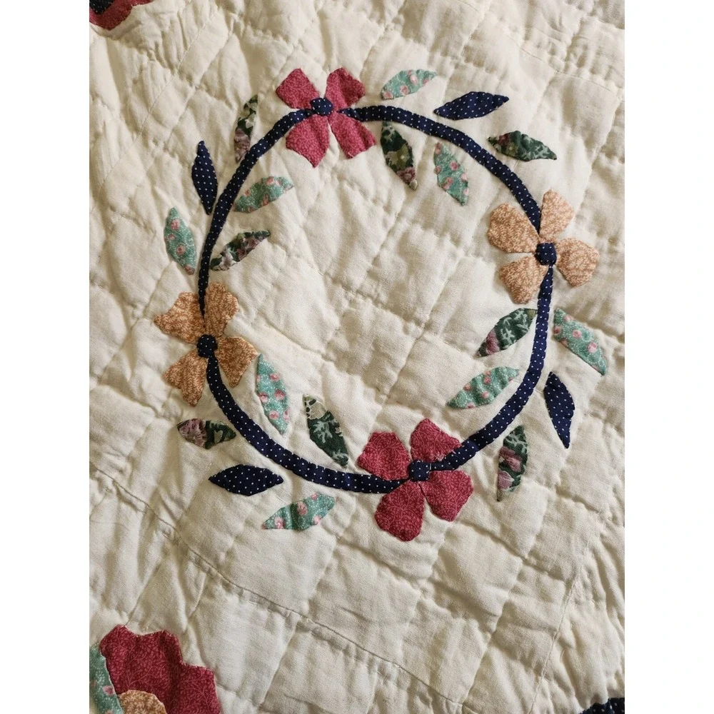 67‎ X 85 Quilt Bows Flowers Squares Rings Blue Green Red Brown Some Stains
